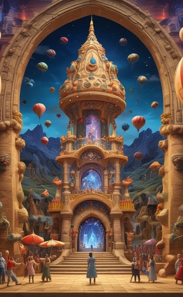 A vibrant flying theater with cinematic lighting and Cappadocia textures.