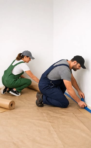 a man and woman are installing a protection on a floor prior painting the walls
