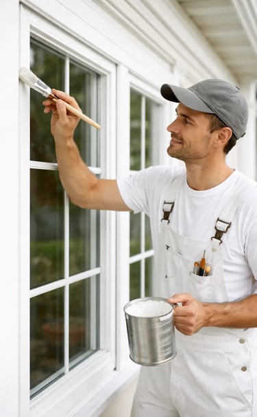 A main is painting with a brush around the windows