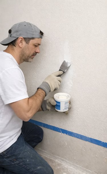 a man is repairing a crack on an interior wall with flexible putty