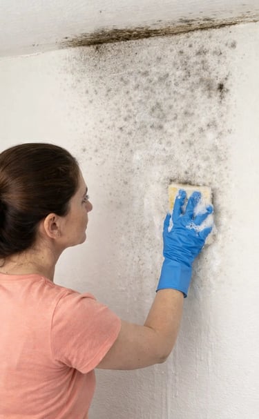 a woman in blue gloves and gloves cleaning a mold from a wall
