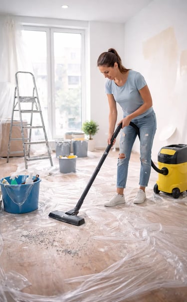 A woman in jeans and jeans cleaning a floor with a vacuum after a renovation