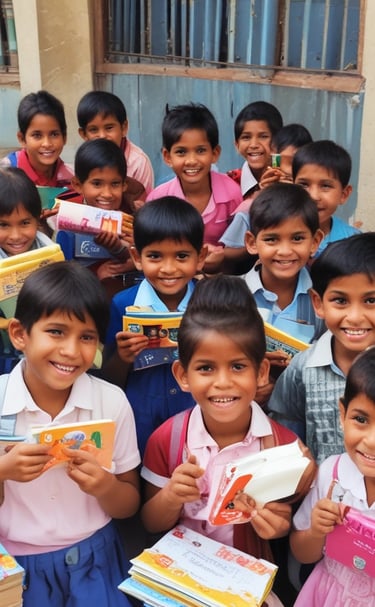 Children receiving school supplies with joyful smiles under Jumadin Trust's education program.