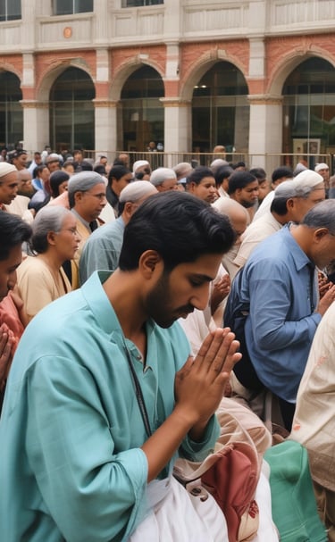 A group prayer gathering reflecting unity and faith among beneficiaries and volunteers.