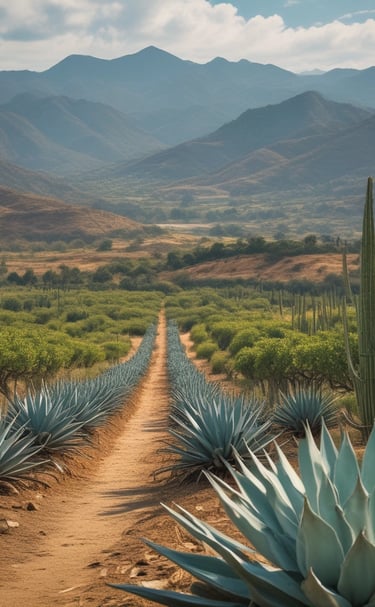 Rustic wooden barrels aging mezcal in a dimly lit palenque.