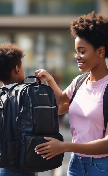 A caring volunteer helping a child adjust their school uniform outside a school building.
