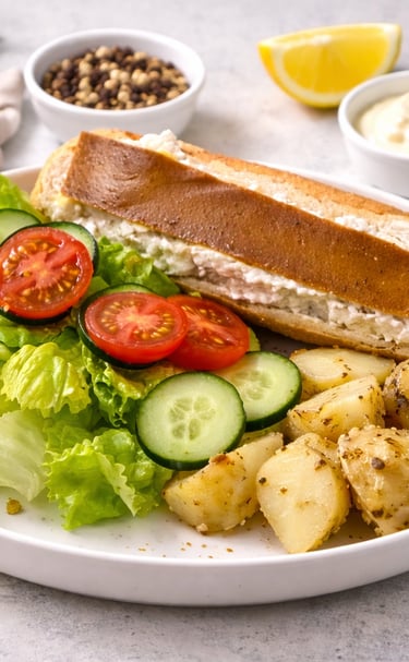 Sándwich de pavo en baguette tostada, acompañado de papas rostizadas y ensalada fresca