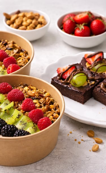 Bowls de avena para un desayuno saludable con frutos rojos frescos y brownies de chocolate