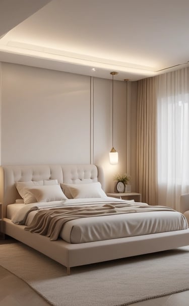 A minimalist living room with neutral tones, featuring a sleek sofa, soft lighting, and elegant home decor accents.