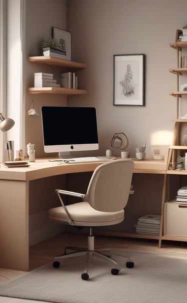 A cozy desk setup with elegant stationery, a modern lamp, and a luxury candle softly glowing in the background.