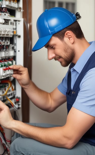 Technician rewiring sockets with neat, organized cables in a void property.