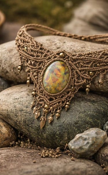 Collar de macramé hecho a mano con un cabujón de piedra colorida.