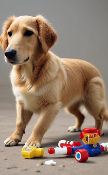 A happy dog playing with a chew toy inside the pet shop.