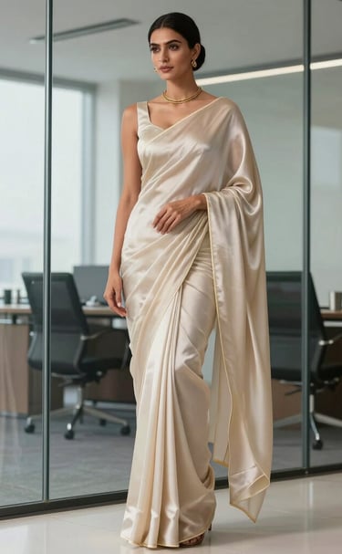 A serene ivory saree with delicate embroidery displayed against a minimalist cream background.