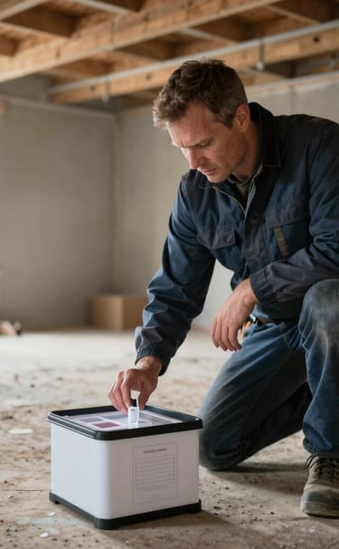 Wide view of a home exterior with inspector taking notes beside the front porch.