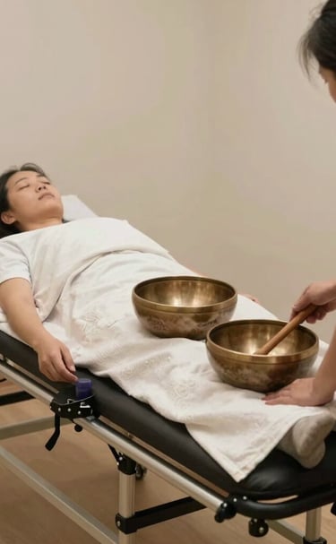 Warm therapy room with soft cream and coffee tones, golden accents glowing gently.