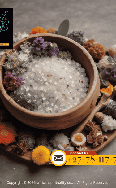 Traditional African ritual bath salts in a wooden bowl surrounded by healing herbs and flowers.