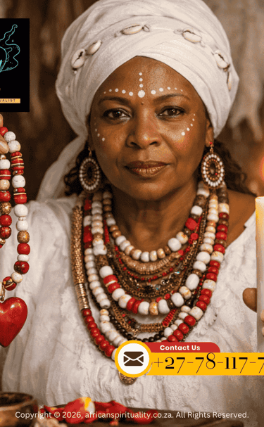African spiritual healer holding traditional prayer beads and burning candles for ritual work.