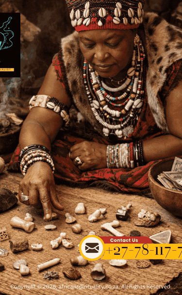 An African traditional healer performing a spiritual ritual with bone throwing and sacred artifacts.
