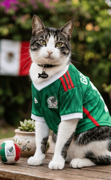 Diseño artesanal: Playera de fútbol personalizada para gato aficionado.