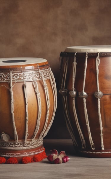 A scene featuring a man in traditional attire playing a stringed musical instrument, seated on the ground. He wears a colorful turban and is accompanied by a small child who looks relaxed and a woman with her face covered by a red veil, sitting on a patterned fabric. The setting appears rustic, with a textured stone wall in the background.