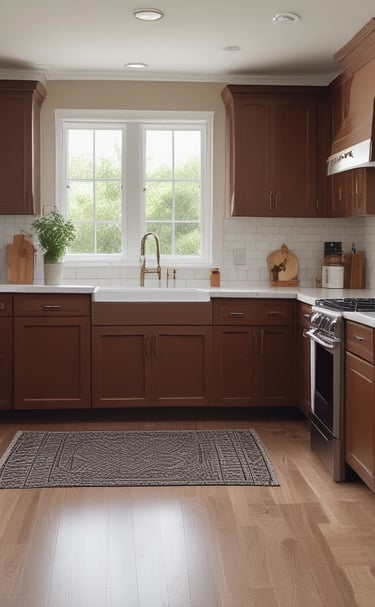 a kitchen with a large window and a stove