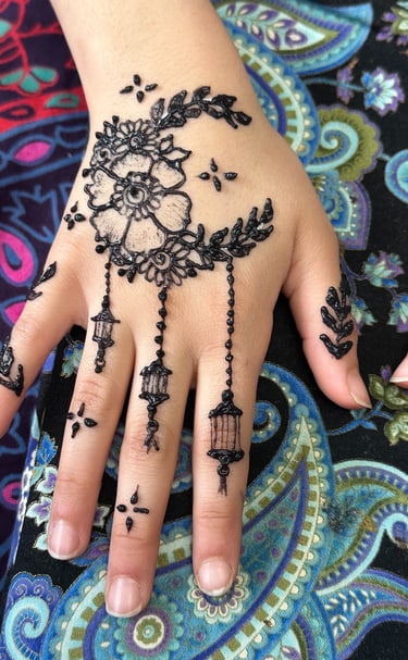 jagua design on child's hand featuring a moon made of flowers and vine with lanterns hanging from it