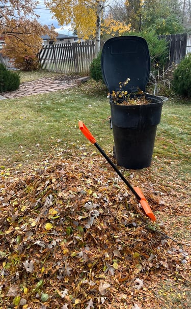 a pile of leaves and a shovel in a yard