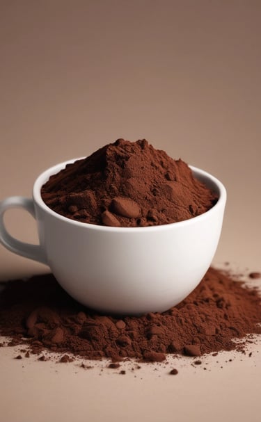 A glass mug filled with a chocolate beverage topped with cocoa powder, placed on a marble surface. Ice cubes and coffee beans are scattered around the mug. Nearby, a spoon with protein powder and a container of protein powder are visible.
