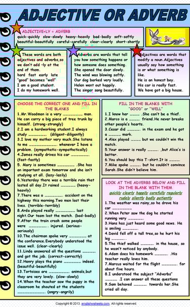 adjective or adverb worksheet with grammar explanation