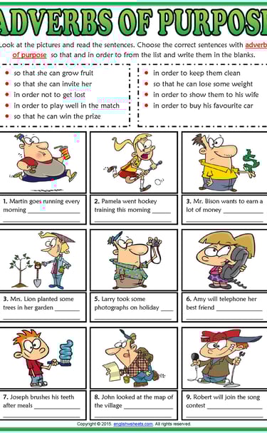 adverbs of purpose esl matching exercise worksheet