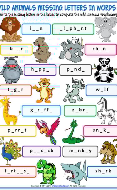 animals vocabulary esl missing letters in words worksheets for kids