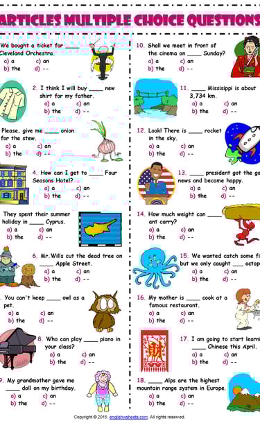 articles esl multiple choice exercise worksheet for kids