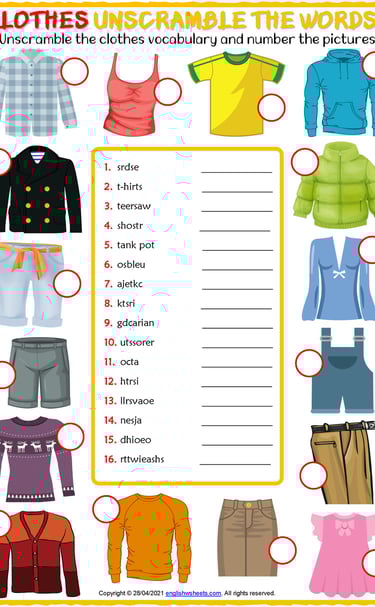 clothes vocabulary esl unscramble the words worksheets for kids