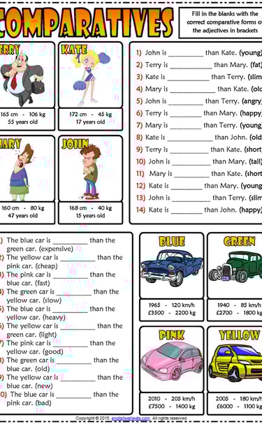 comparative forms of adjectives esl grammar gap fill exercises worksheet