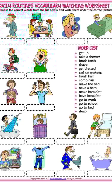 daily routines vocabulary esl matching exercise worksheets for kids