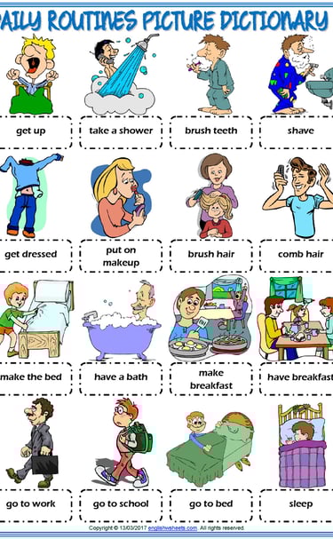 daily routines vocabulary esl picture dictionary worksheets for kids