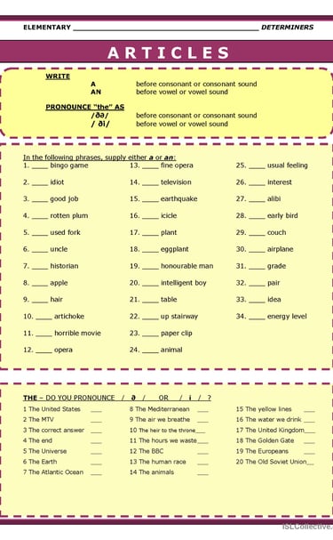 DEFINITE AND INDEFINITE ARTICLES WORKSHEET
