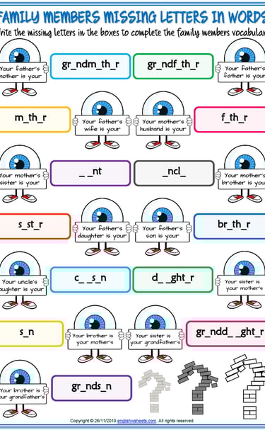 family members vocabulary esl missing letters in words worksheet for kids