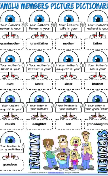 family members vocabulary esl picture dictionary worksheet for kids