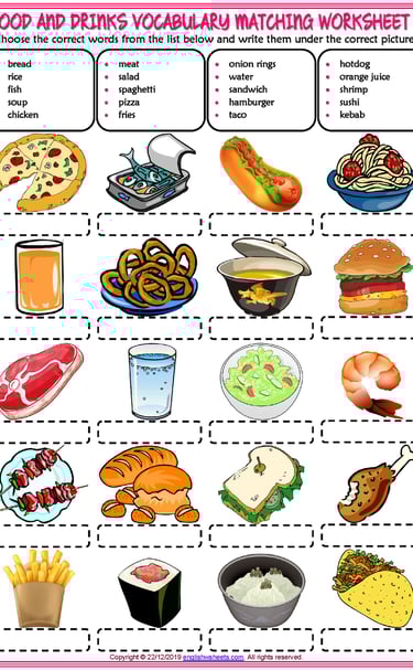 food and drinks vocabulary esl matching exercise worksheets for kids