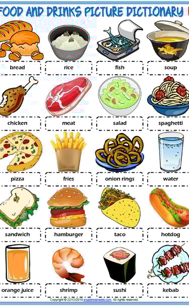 food and drinks vocabulary esl picture dictionary worksheets for kids