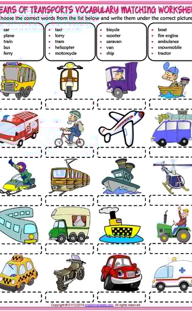 means of transport vocabulary esl matching exercise worksheet for kids
