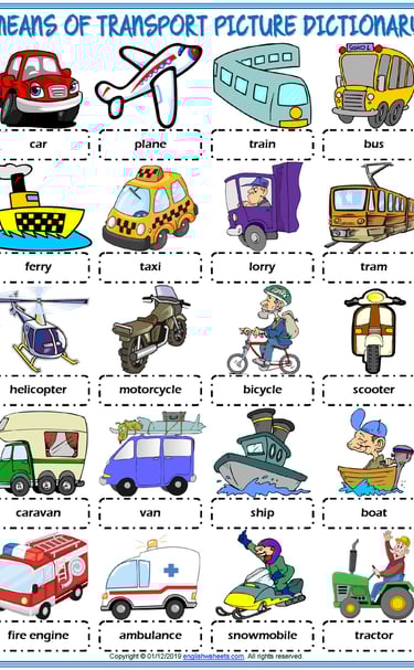 means of transport vocabulary esl picture dictionary worksheet for kids