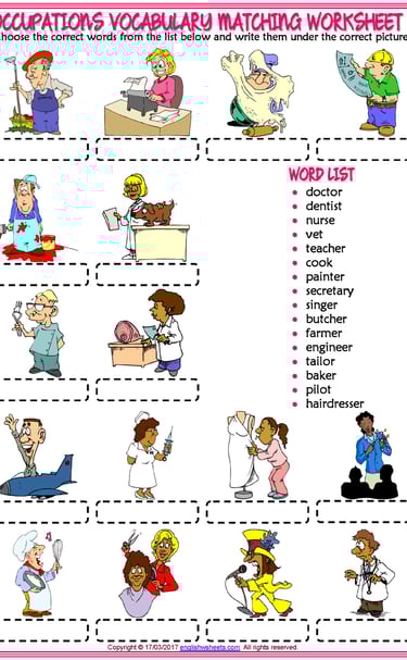 occupations vocabulary esl matching exercise worksheets for kids
