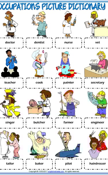 occupations vocabulary esl picture dictionary worksheets for kids