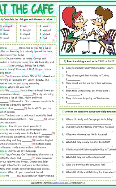 past simple esl dialogue at the cafe exercises worksheet