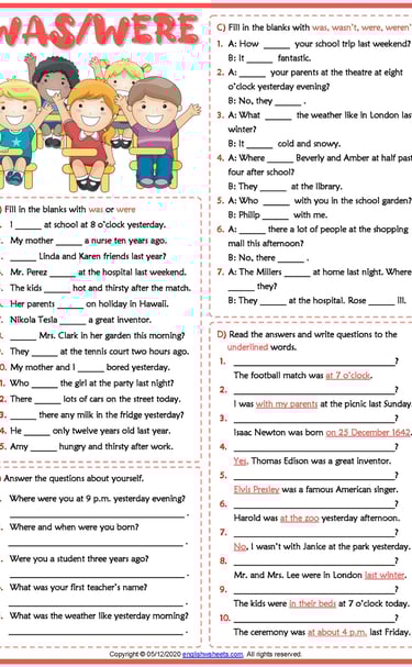 past simple tense was were esl printable grammar test worksheet