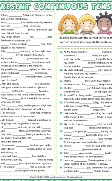 present continuous tense esl printable gap fill exercise worksheet
