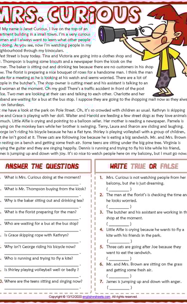 present continuous tense mrs curious esl reading comprehension exercises worksheets